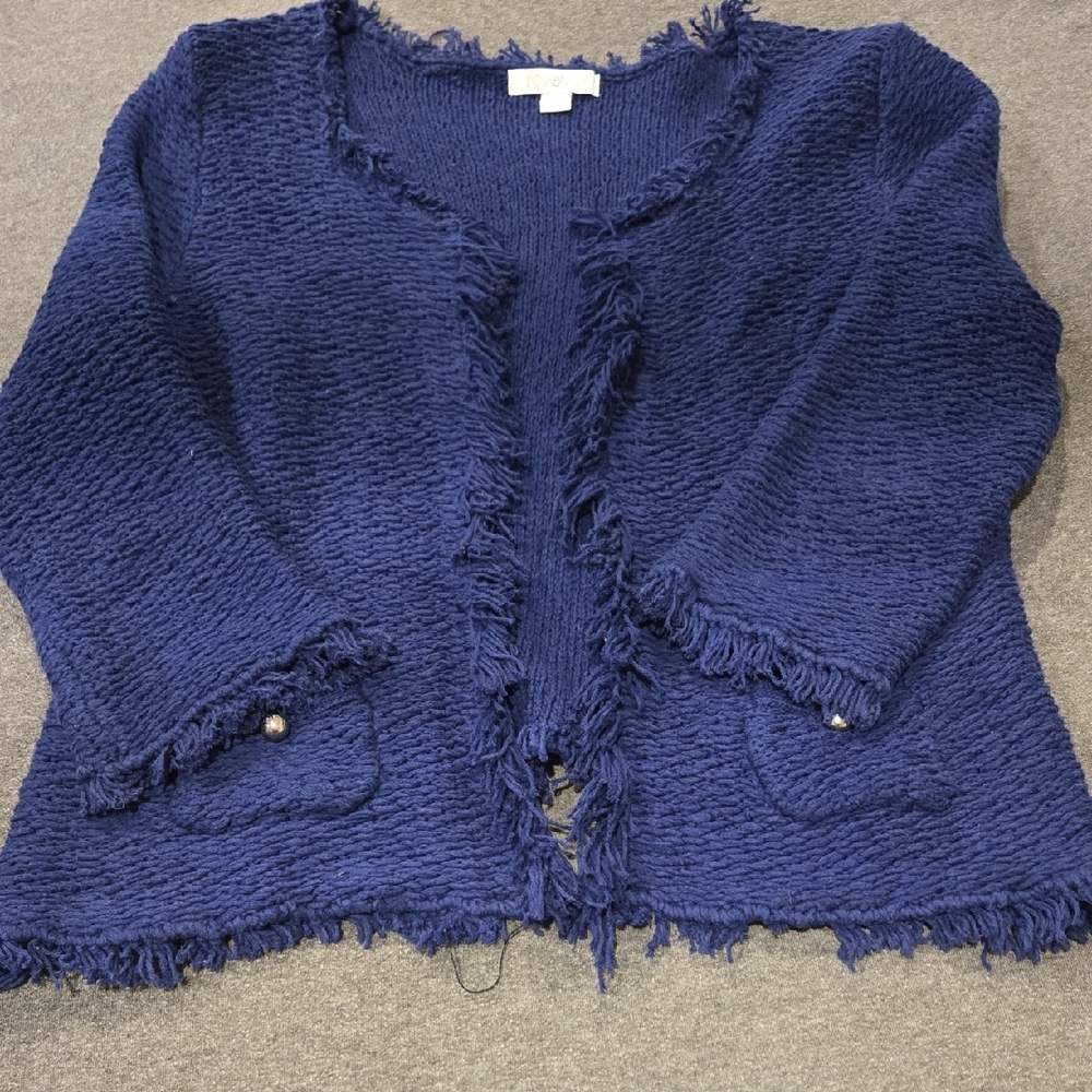 Roz & Ali Textured Navy Cardigan with Fringe